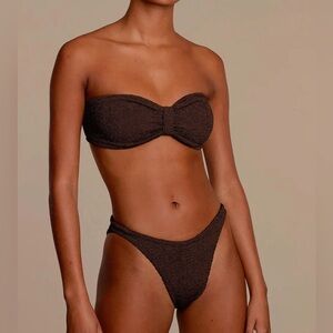 New Hunza G Jean Bikini Set Chocolate Brown Crinkle Stretch Bandeau Strapless